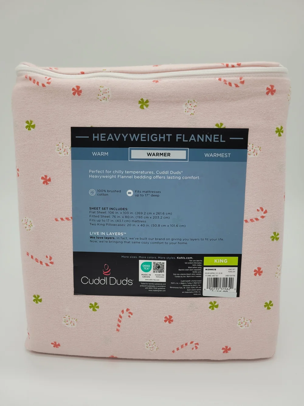 Cuddl Duds Heavyweight  Cotton Flannel Sheet Set Pink Candy Print KING Size NEW